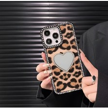 KumOziShop iPhone 14 Promax Uyumlu Leopar Aynalı Baskılı Deri Kenarları Taşlı Kılıf