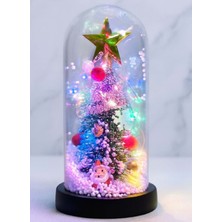 Hediye Sandalı Yılbaşı Temalı Işıklı Dekoratif Cam Fanus - Kar Küresi Efektli Mini Çam Ağacı ve Noel Baba Figürlü Cam Fanus  (21 Cm)