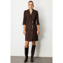 Ekol Kadın Kruvaze Yaka Düğmeli Elbise 4009 Kahverengi