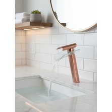 Emfa Aksesuar Modern Bakır Lavabo Bataryası - Cam Oluklu Rose Gold Lavabo Bataryası