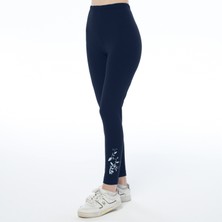 ASN Concept Kadın Paçası Çiçek Baskılı Lacivert Tayt (Büyük Beden Seçeneğiyle)