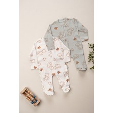 2'li %100 Pamuklu Patikli Ayıcık Desenli Yenidoğan Tulum Seti | Çıtçıtlı | 0-3-6 Ay | Unisex