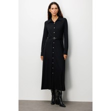 Ekol Kadın Beli Kemerli Maxi Elbise 4029 Siyah