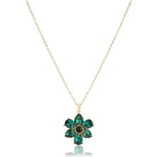 Pazarois Zümrüt Çiçek Figürlü Altın Renkli Çelik Kolye