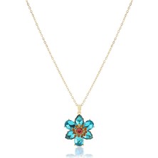 Pazarois Safir Çiçek Figürlü Altın Renkli Çelik Kolye