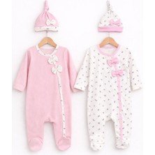 Besmino Kız Bebek Ikili Tulum ve Şapka Set %cotton Kumaş Düz Renk ve Çiçek Desenli Paket Pratik Çıtçıt Kapamalı