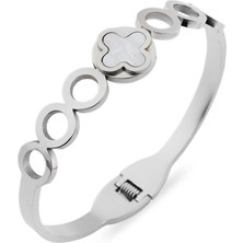 Pazarois Çoklu Halka ve Çiçek Detaylı Gümüş Renkli Çelik Kelepçe Bileklik