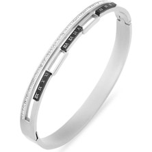 Pazarois Roma Rakamı Detaylı Taş Şeritli Gümüş Renkli Çelik Kelepçe Bileklik