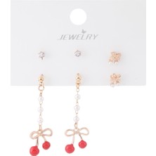 Pazarois Altın Renk Kiraz Figürlü Inci Detaylı Bijuteri Çoklu Küpe Seti