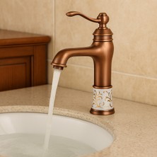 Emfa Aksesuar Porselenli Bakır Vintage Lavabo Bataryası - Modern Tasarım Rose Gold Lavabo Bataryası