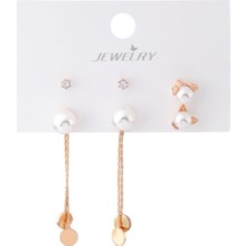 Pazarois Altın Renk Inci ve Taş Detaylı Bijuteri Çoklu Küpe Seti