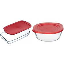 Storemax Borcam Yuvarlak Tencere Plastik Kırmızı Kapaklı, 2100 cc + Kırmızı Plastik Kapaklı, Şeffaf Cam Fırın Kabı, 33 cm