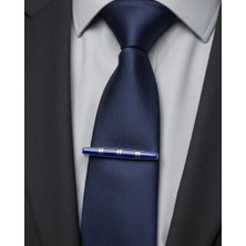 Gümüş Mavi Desenli Lüx Kravat Maşası & Iğnesi