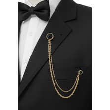 Gold Renk Siyah Taşlı Ceket & Damatlık & Blazer Zincirli Yaka Aksesuarı