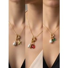 NKT Collection Kırmızı Damla Zümrüt Yeşili Kelebek Deniz Yıldızı Incili Kolye