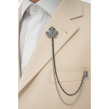Gümüş Oksit Renk Çınar Yaprağı Ceket & Damatlık & Blazer Zincirli Yaka Aksesuarı