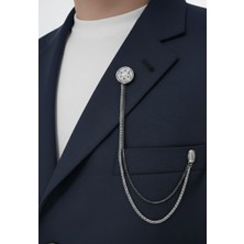 Gümüş Beyaz Taşlı Ceket & Damatlık & Blazer Zincirli Yaka Aksesuarı