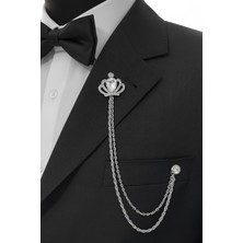 Gümüş Kral Tacı Beyaz Taşlı Ceket & Damatlık & Blazer Zincirli Yaka Aksesuarı