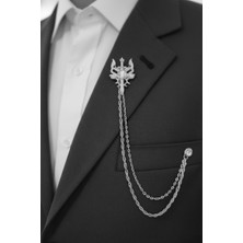 Gümüş Retro Ejderha ve Kılıç Ceket & Damatlık & Blazer Zincirli Yaka Aksesuarı