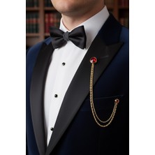 Gold Renk Kırmızı Taşlı Ceket & Damatlık & Blazer Zincirli Yaka Aksesuarı