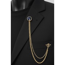 Gold Renk Lacivert Taşlı Ceket & Damatlık & Blazer Zincirli Yaka Aksesuarı