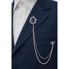 Gümüş Renk Mavi Taşlı Ceket & Damatlık & Blazer Zincirli Yaka Aksesuarı
