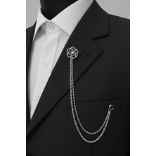 Gümüş Renk Siyah Taşlı Ceket & Damatlık & Blazer Zincirli Yaka Aksesuarı