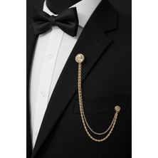 Gold Renk Sarı Taşlı Ceket & Damatlık & Blazer Zincirli Yaka Aksesuarı