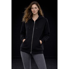 Studio Fashion 1988 Kadın Siyah Oversize Salaş Şardonlu Pamuk 3 Iplik Penye Kapüşonlu Kanguru Cepli Sweatshirt