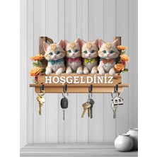 Altınuç Art Design Dört Metal Kancalı 2d Ahşap Uv Baskılı Kediler Hoşgeldiniz Mdf Duvar Askılığı Anahtarlık V7