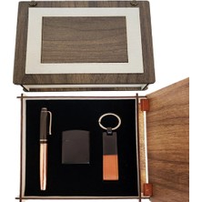 Özel Ahşap Kutulu Bakır Roller Kalem, Anahtarlık ve Çakmak Set