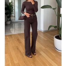 Telablanka Kahverengi Yüksek Bel Kemerli Straight Model Kot Pantolon_kahverengi