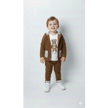 Bontino Erkek Çocuk %100 Pamuk Kadife Hırka, Pantolon ve Ayıcık Baskılı Uzun Kollu Sweatli 3'lü Premium Seri