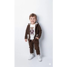 Bontino Erkek Çocuk %100 Pamuk Kadife Hırka, Pantolon ve Ayıcık Baskılı Uzun Kollu Sweatli 3'lü Premium Seri