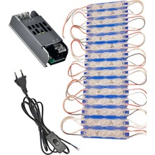 Powerr Led Aydınlatma 20 Adet 12 Volt 1.5 Watt 3 Lensli Mavi 2835 Smd LED Modül IP65 Modül 5A Trafo ve Arapurlu Güç Kablolu Set