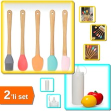 Hereveoyuncak 5 Adet Ahşap Saplı Renkli Silikon Spatula + Şeffaf Sos Şişesi 400 ml - 2li Set R6K8E4