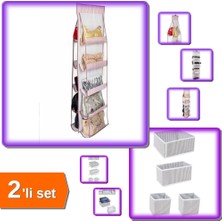 Hereveoyuncak 10 Bölmeli Dolap Içi Çanta Organizeri Pembe Çizgili + 4 Adet Çekmece Düzenleme Kutu - 2li Set R4G7M1