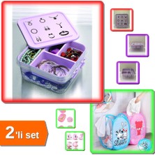 Hereveoyuncak Takı Dikiş Kutusu + Karikatür Figürlü Katlanır File Oyuncak ve Çamaşır Sepeti - 2li Set H2L4MT