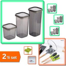 Hereveoyuncak 3 Adet 3 Boy Siyah Saydam Plastik Kavanoz Saklama Kabı + Kaşık Altlığı Kapak Tutucu - 2li Set X0M4S9