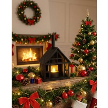 Şömineli Kış Evi Mumluk - Ev ve Yılbaşı Süsü - Ledli Mum Dahil (Anahtarlık Hediyeli)