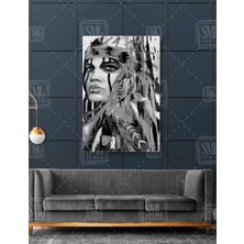 SML Tablo Mavi Gözlü Kızılderili Kızıl Derili Etnik Kız Savaşçı Kadın Kuş Tüyü Dikey Kanvas Tablo