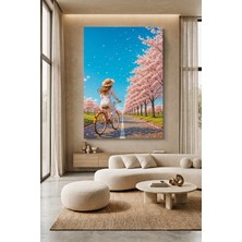 Wallivo Şapkalı Bisikletli Kızlı Yumuşak Pembe Ağaçlı Yol Kanvas Tablo