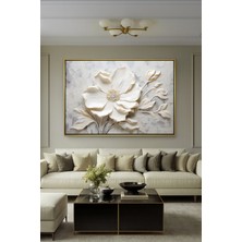 Wallivo Yüksek Kabartma Görünümlü Beyaz Çiçek Motifi - 3D Etkili Bronz Metal Çerçeveli Kanvas Tablo