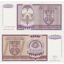 Banknoting Bosna Hersek Sırp Cumhuriyeti 100.000 Dinar 1993 Iç Savaş Dönemi. Çil.