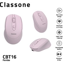 Classone CBT16 Bluetooth + 2.4 Ghz Şarj Edilebilir Kablosuz Mouse - Pembe
