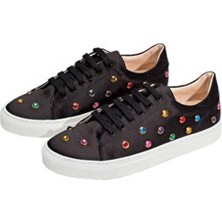 Escada Kadın Siyah Deri Ayakkabı Renkli Zımba Detaylı Düz Taban Hakiki Deri