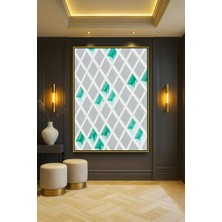 Wallivo Turkuaz Üzerine Beyaz Çapraz Kafesli Minimalist Cephe Gümüş Metal Çerçeveli Kanvas Tablo