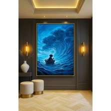 Wallivo Dev Dalgalarda Süzülen Sepette Oturan Adam Siyah Metal Çerçeveli Kanvas Tablo