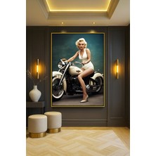 Wallivo Pop Art Marilyn Monroe - Motosiklet Temalı Renkli Bronz Metal Çerçeveli Kanvas Tablo