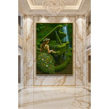 Wallivo Doğa ve Müziğin Büyüsü Yosunlu Piyano ve Çiçek Elbiseli Kadın Bronz Metal Çerçeveli Kanvas Tablo